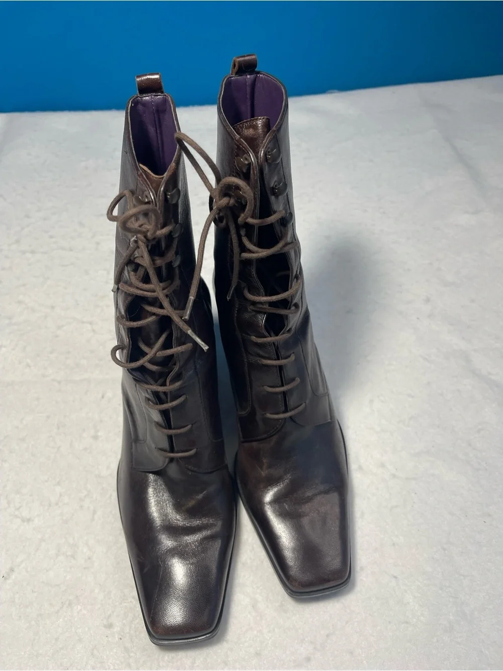 Etienne Aigner Brown Leather Lace-Up Ankle Boots Square Toe Block Heel Size 9W